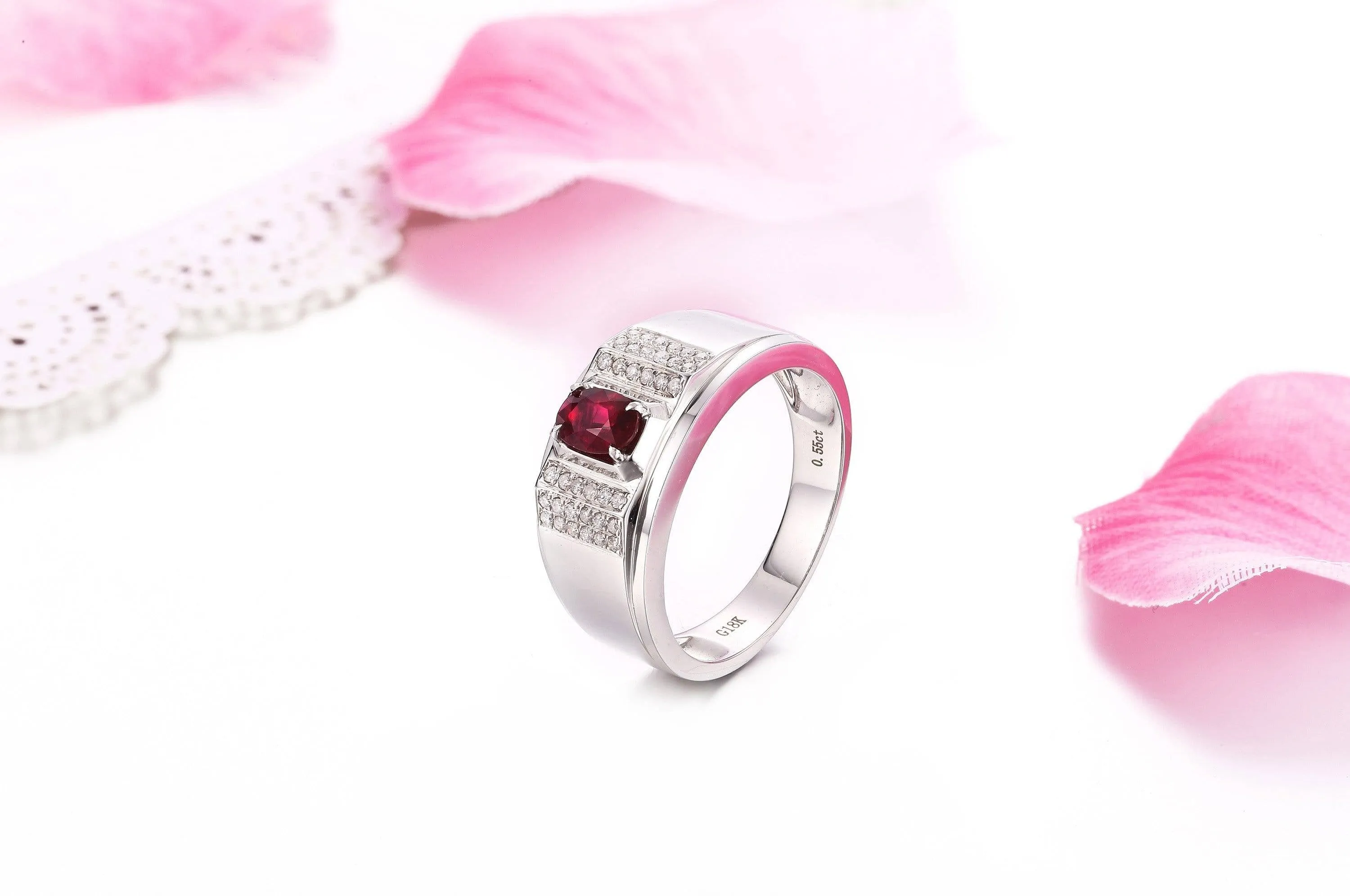 18k White Gold Natural 0.55 ct Ruby Men's Halo Ring with Diamonds