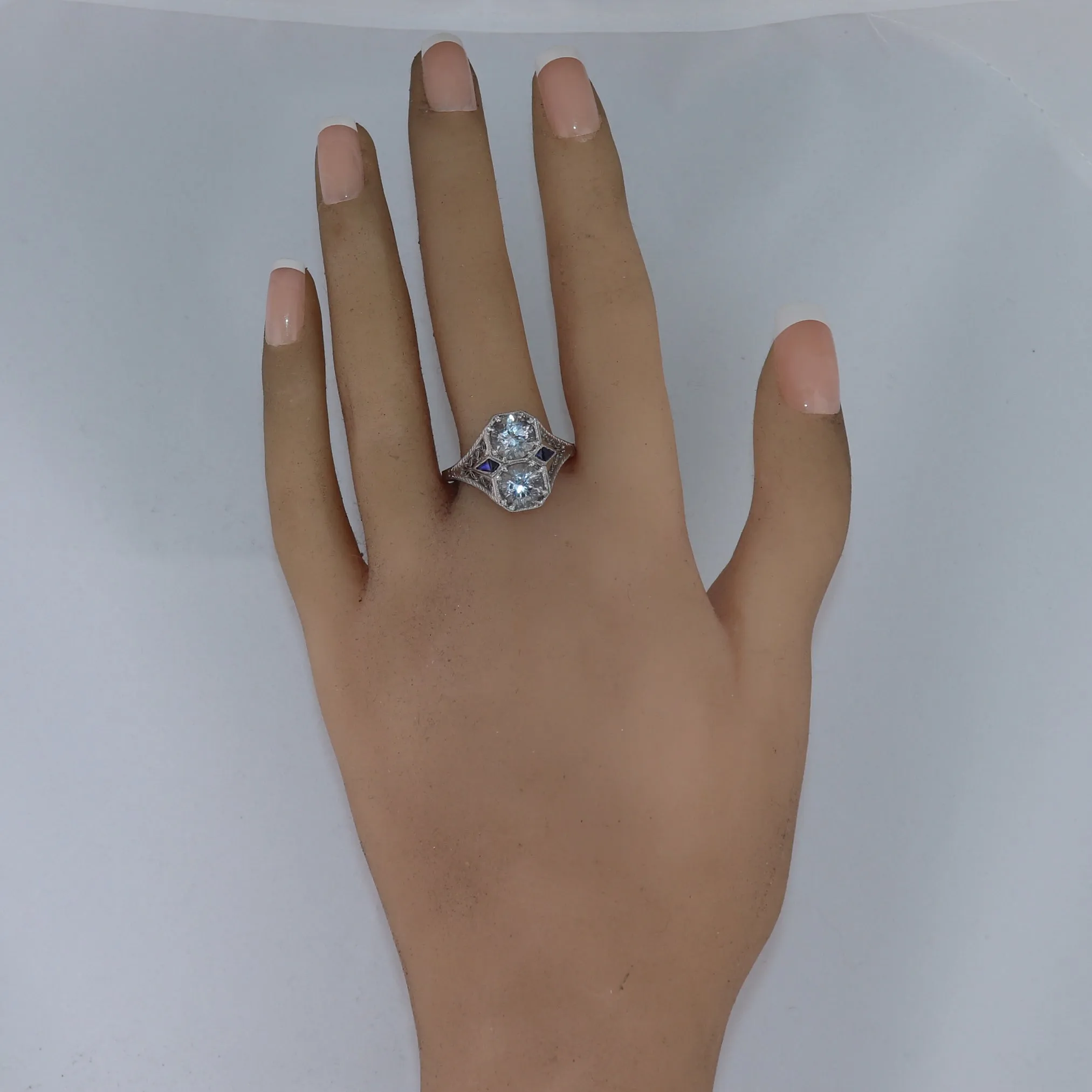 1920's Antique Art Deco Platinum 2.60ctw Aquamarine & Sapphire Filigree Ring