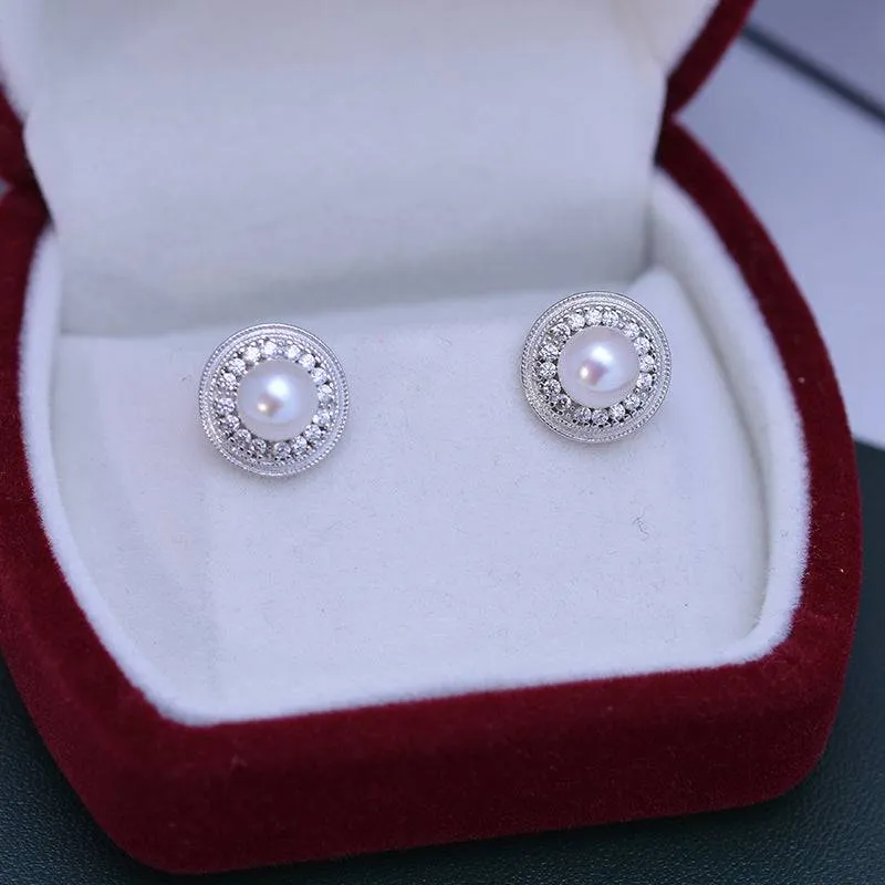 6-7mm White Freshwater Pearl & Sunflower Stud Earrings