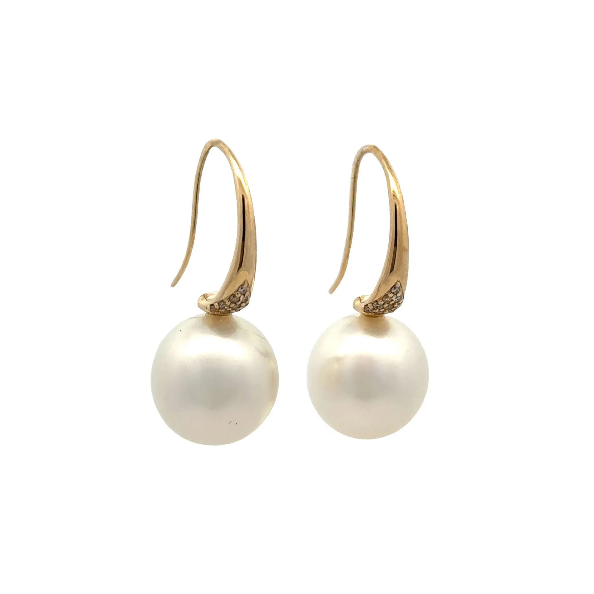9K Yellow Gold Australian South Sea 12-13mm Cultured Pearl and Argyle Diamond Hook Earrings