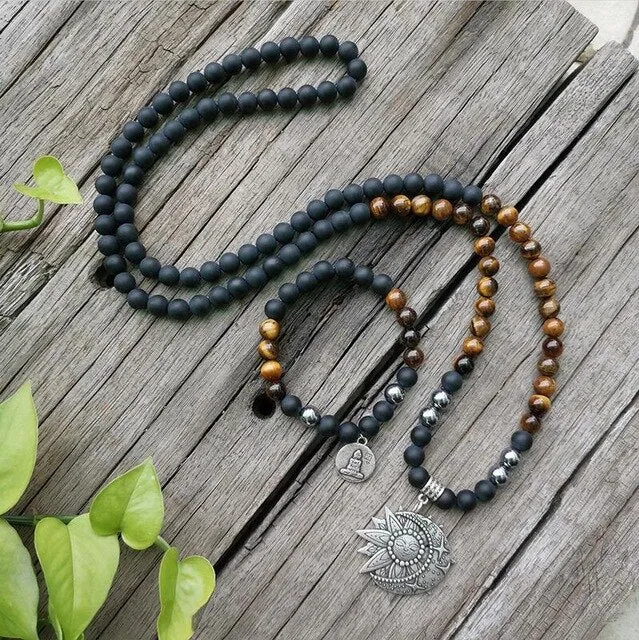 Black Onyx & Tigers Eye Bracelet/Necklace/Mala Set with Charm