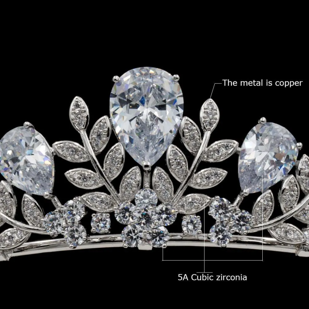 Cubic Zircon Wedding Bridal Royal Leaves Tiara Diadem Hair Jewelry CH10335