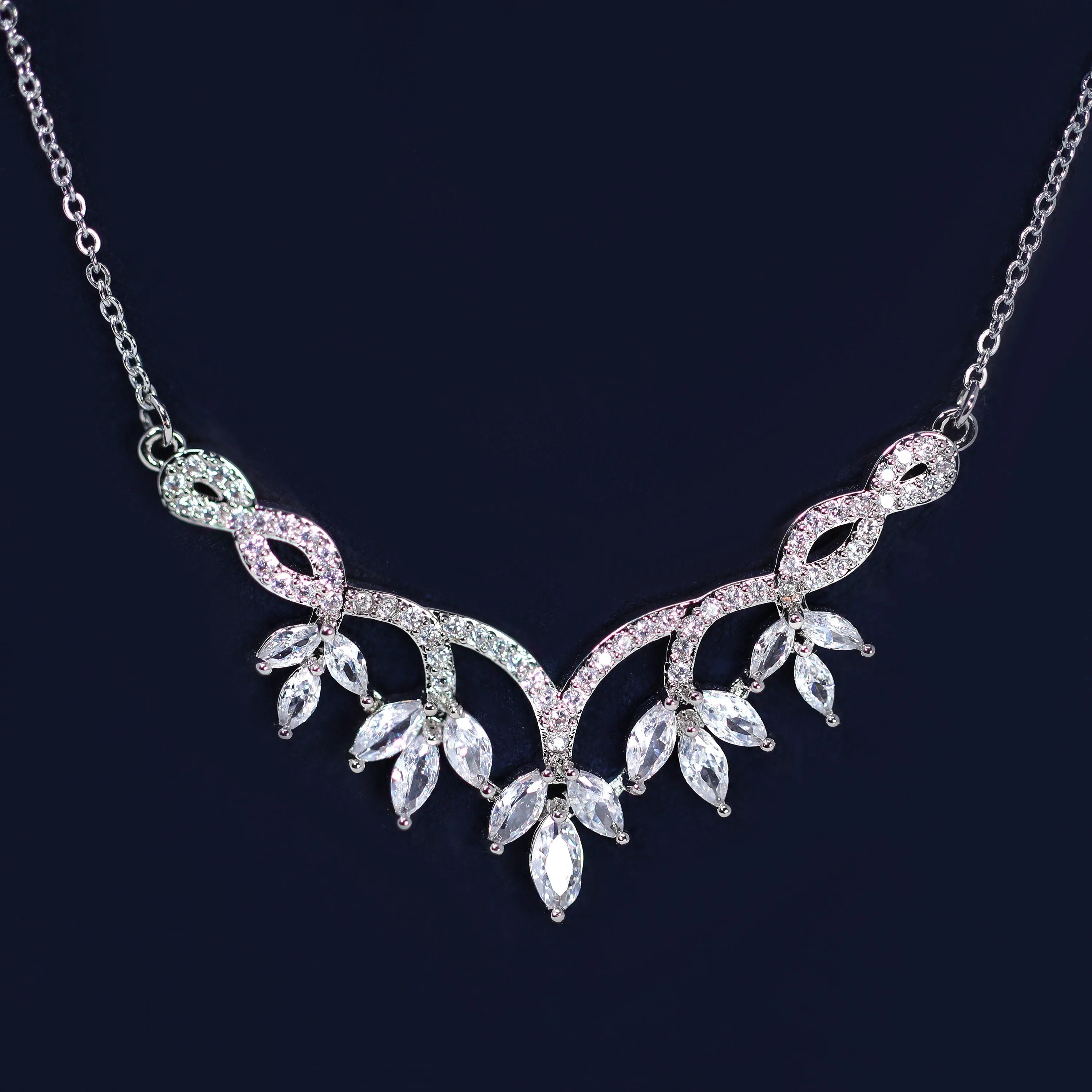 Dainty Dancing Leaves Drop V Necklace Set, Long Bridal Jewelry, Bridal Earrings And Necklace, Statement Earrings Cz Necklace Set.