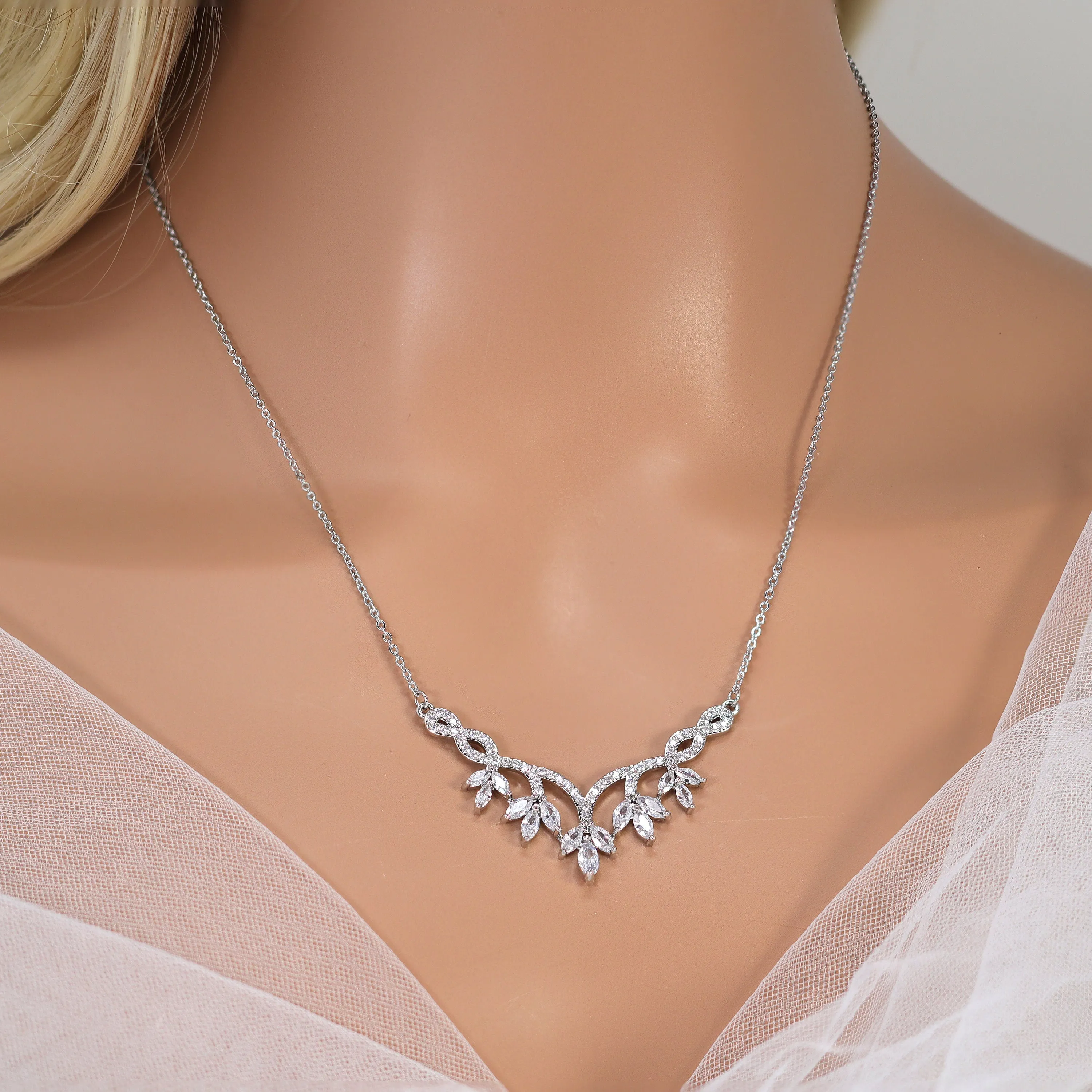 Dainty Dancing Leaves Drop V Necklace Set, Long Bridal Jewelry, Bridal Earrings And Necklace, Statement Earrings Cz Necklace Set.