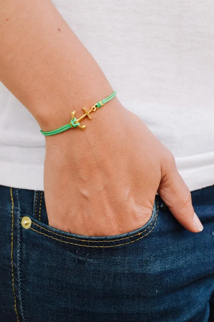 Gold anchor bracelet for women, green cord, nautical beach jewelry
