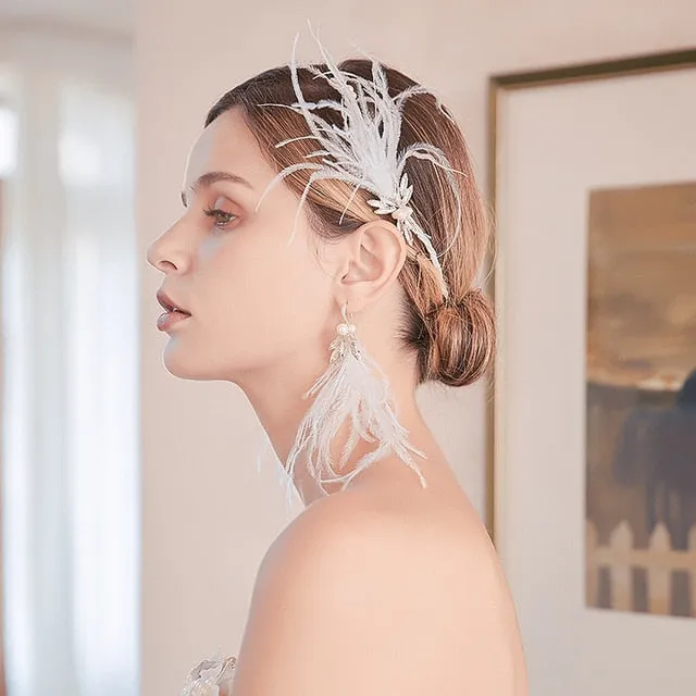 Handmade White Feather Bridal Headband with Earrings Wedding Hair Crown