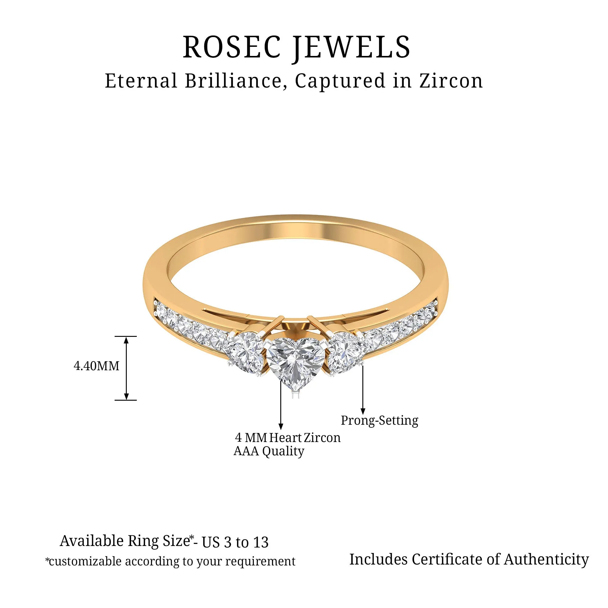 Heart Shape Zircon Anniversary Ring with Side Stones
