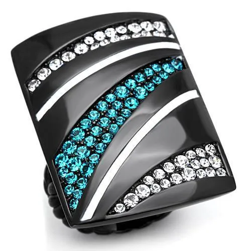 IP Black(Ion Plating) Stainless Steel Ring with Top Grade Crystal in Blue Zircon for Women Style TK1736