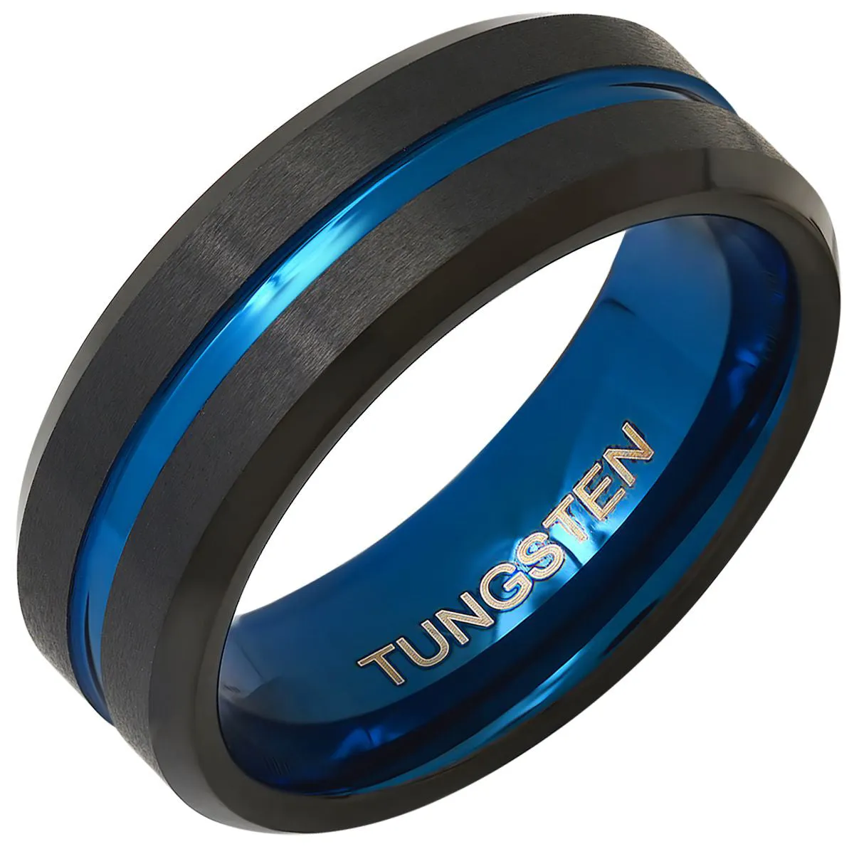 Men's Two Tone Blue and Black IP Tungsten Band Ring