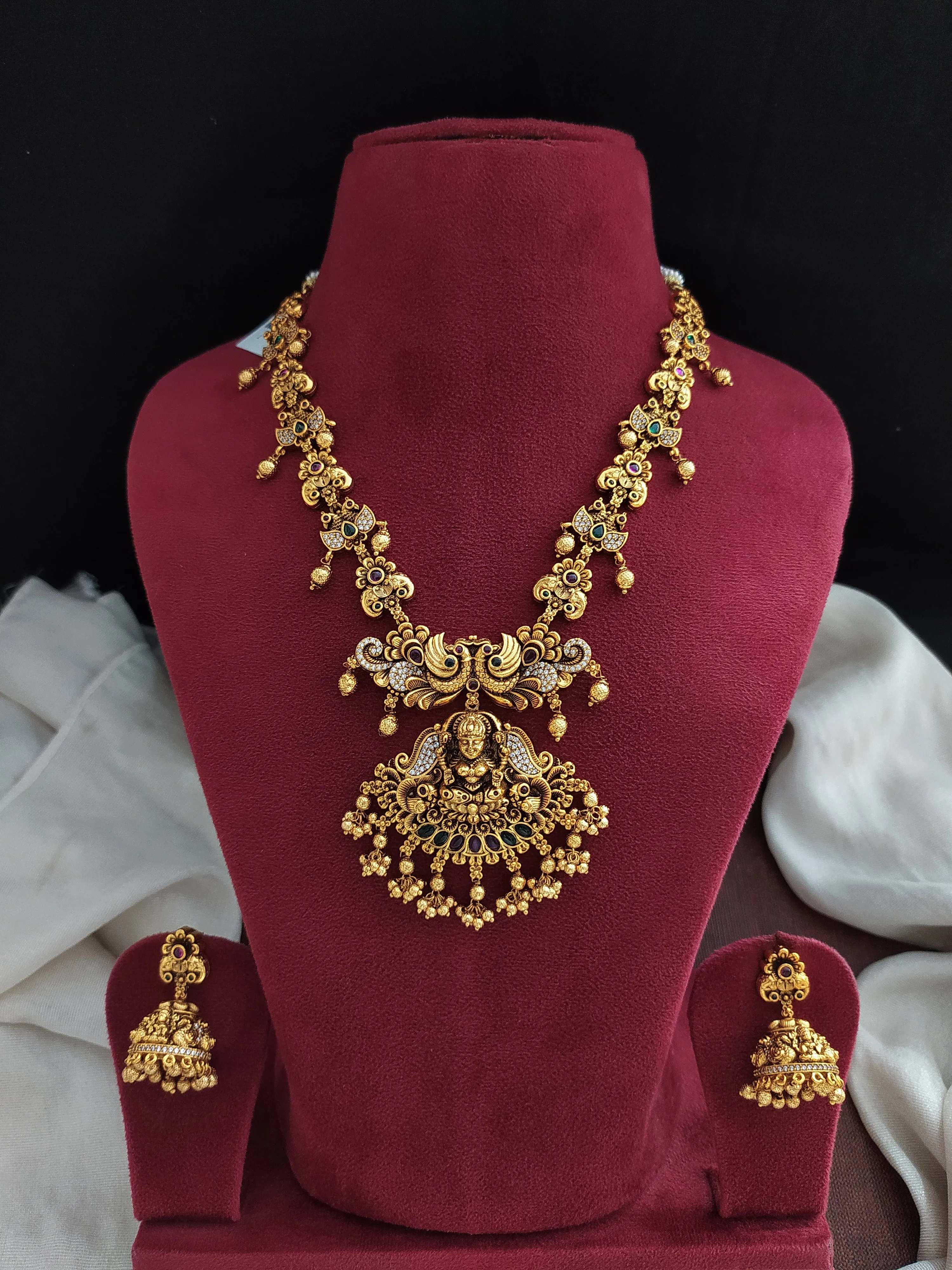 "Antique Lakshmi Necklace with Jhumki Featuring Lord Lakshmi"