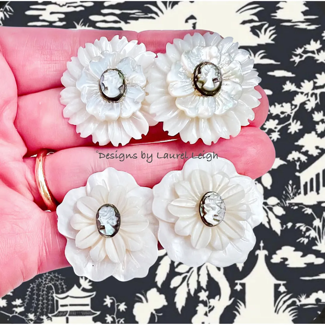 White & Silver Cameo Pearl Flower Studs