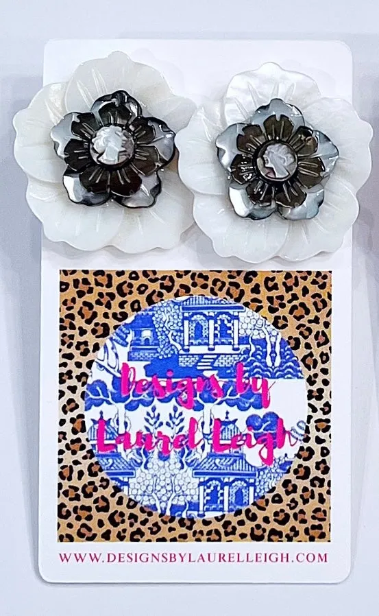 White & Silver Cameo Pearl Flower Studs