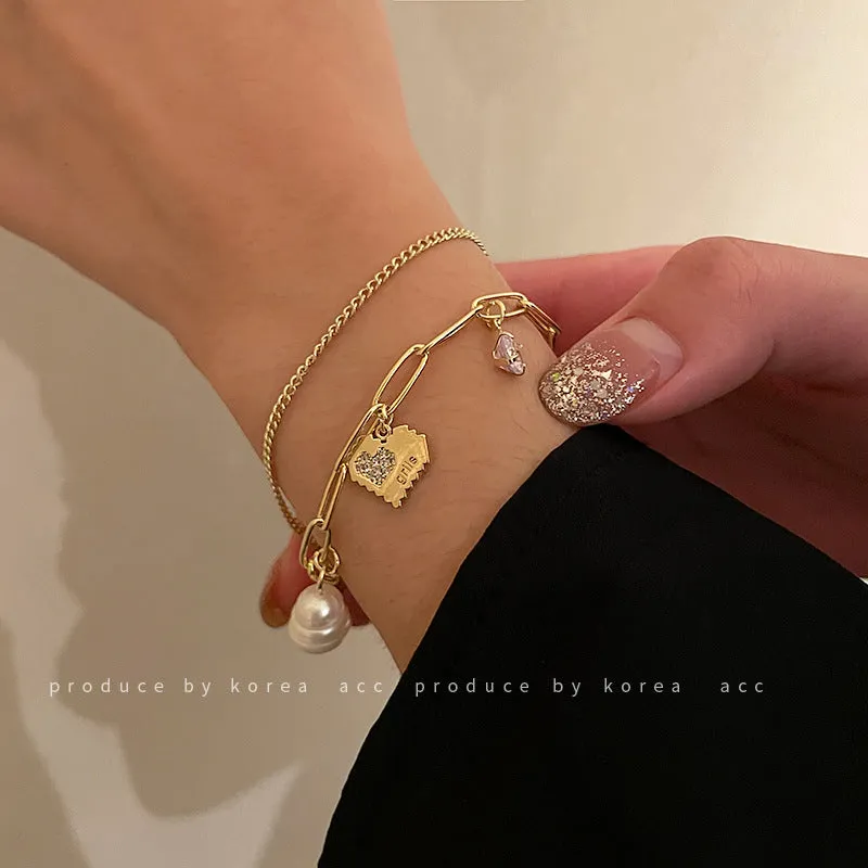 Women's Double Layer Freshwater Pearl & Diamond Love Bracelet